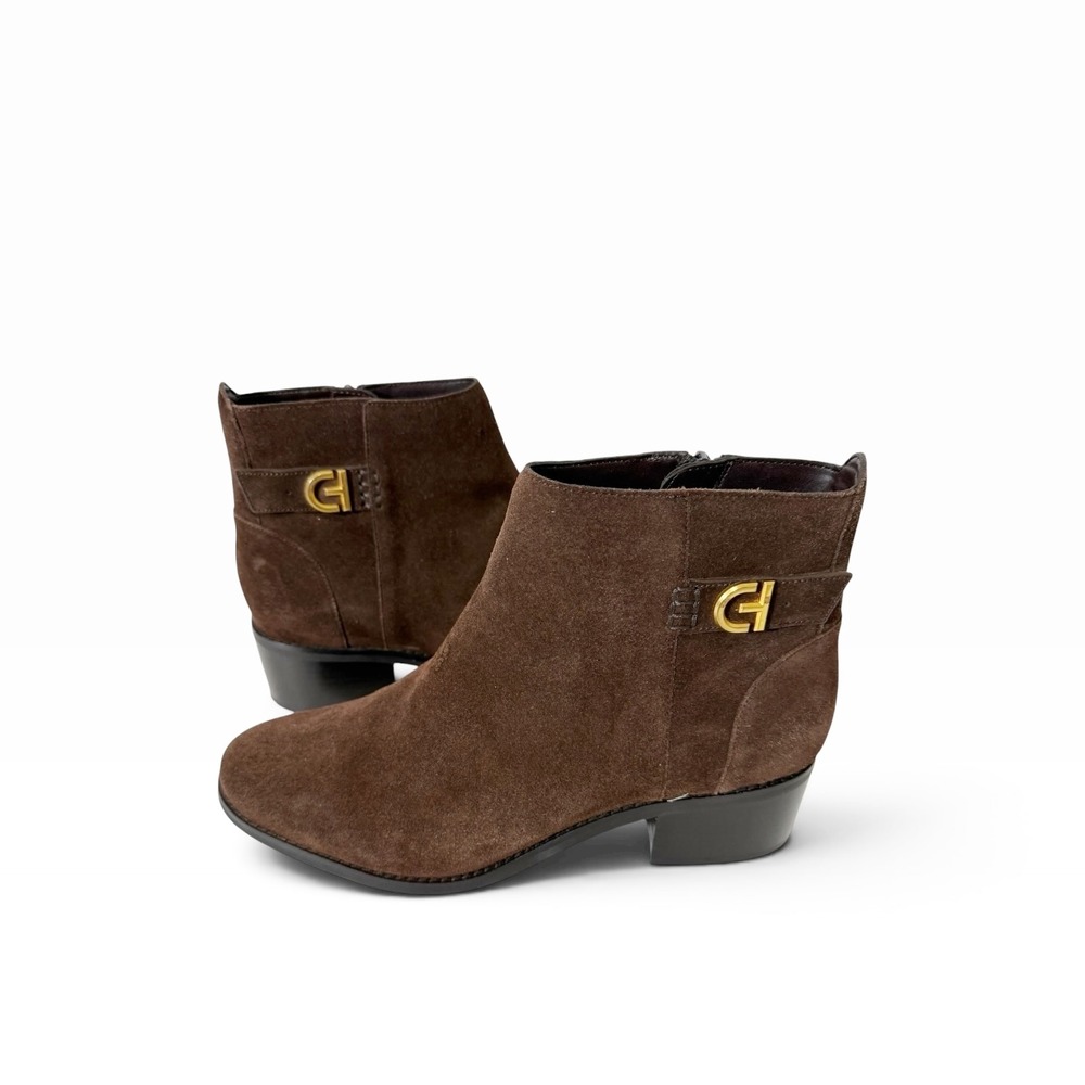 Cole Haan Women's Holis Brown Suede Quiet Luxury Zip Block Heel Ankle Bootie 9